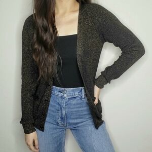 Aritzia Wilfred Black Metallic Sparkle Silk Cashmere Rib Knit Cardigan Sweater
